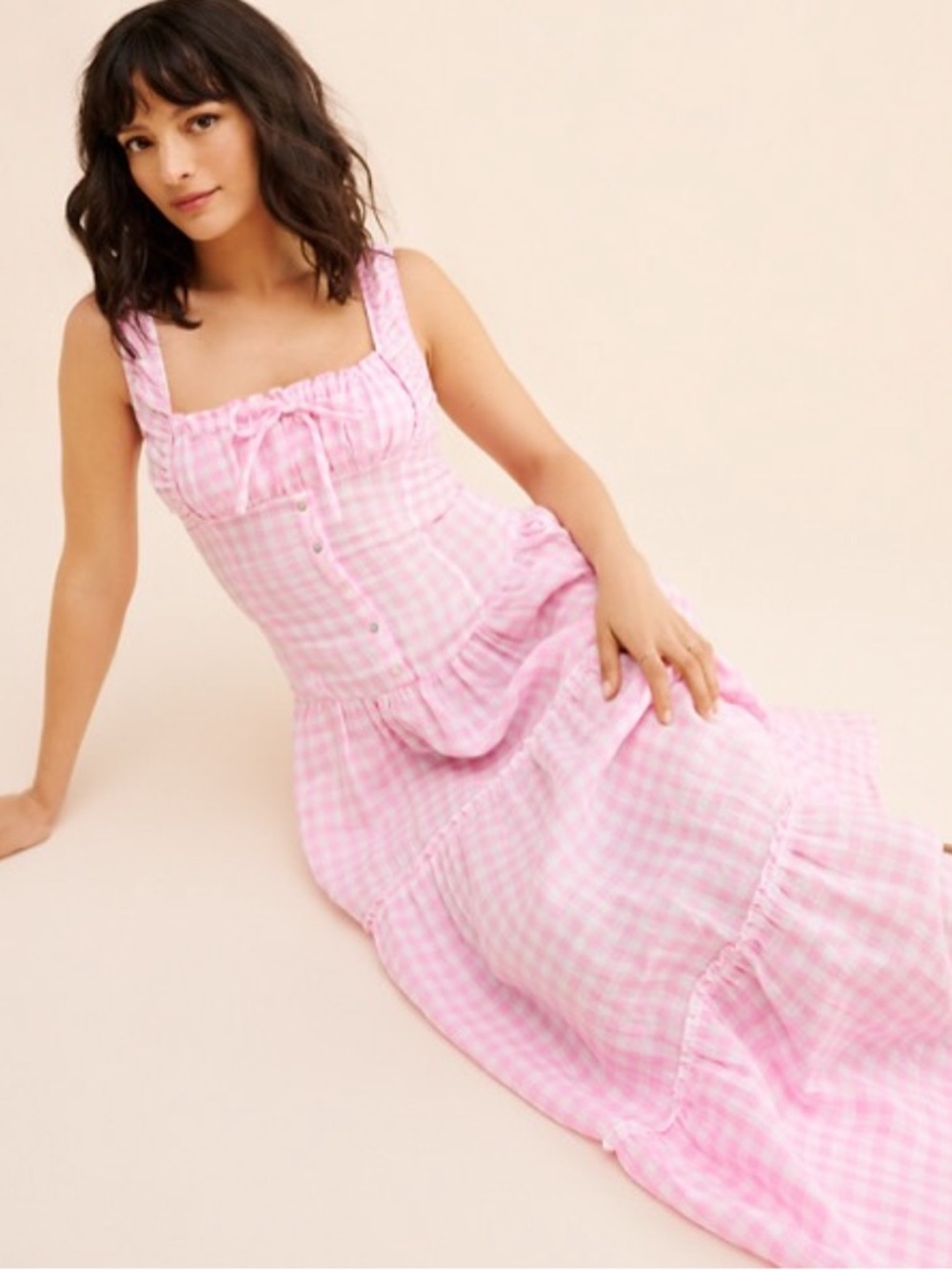 FRANKIE’S BIKINIS‎ Cristabelle Linen Maxi Dress Pink White Gingham Cottagecore